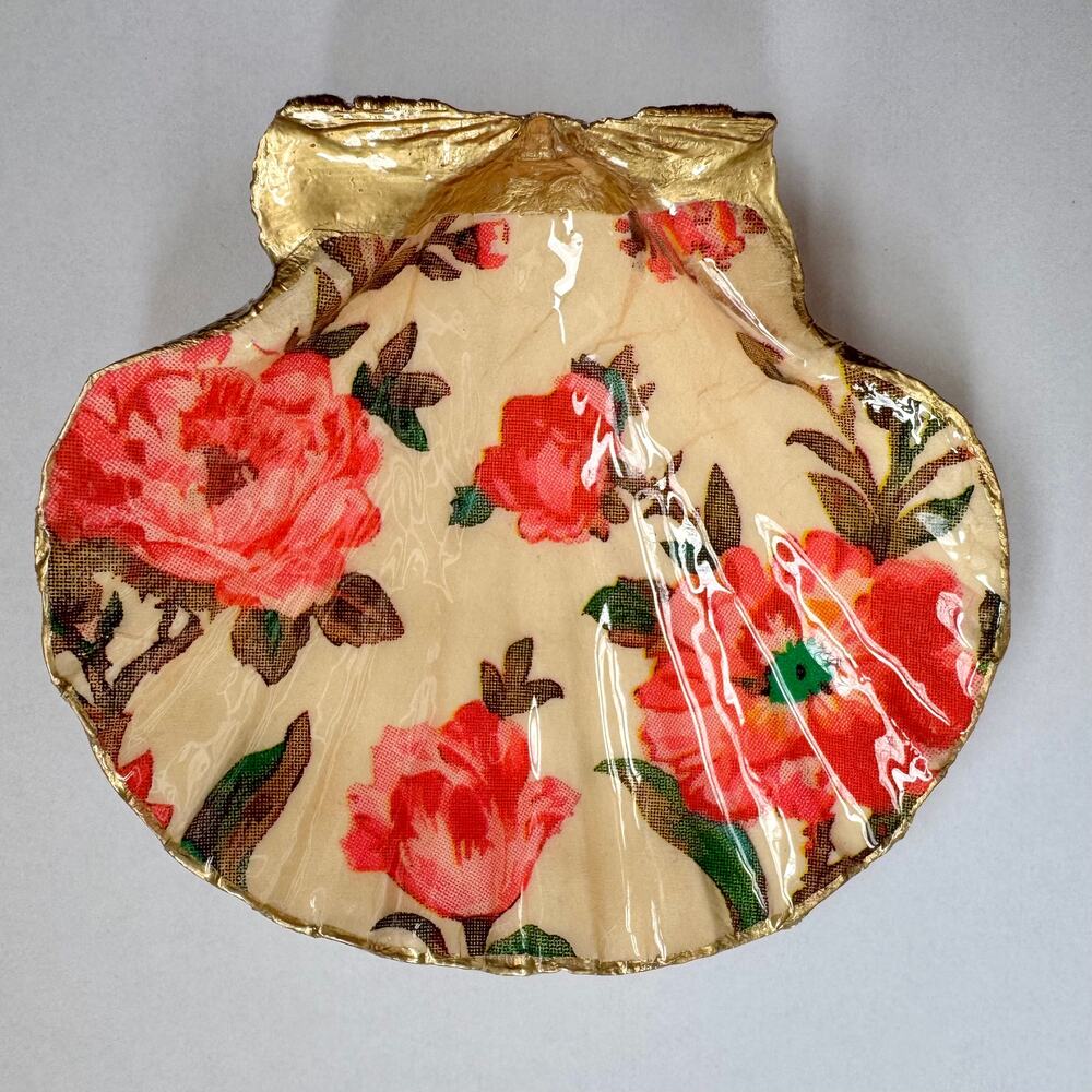 Vintage Pink Rose Floral Seashell Trinket Dish - Picture 2 of 6